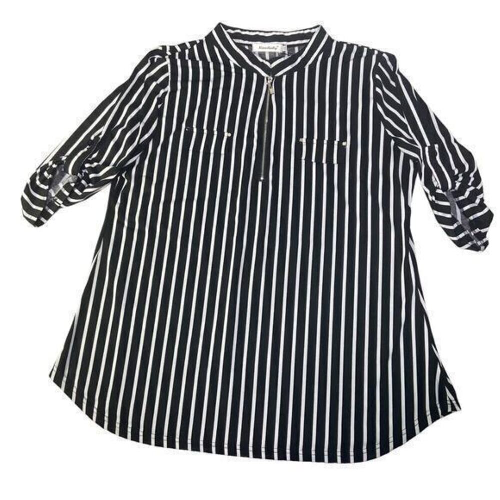 Ninedaily Blouse Black White Stripe 3/4 Sleeve Button Zipper Front Plus Size 2XL